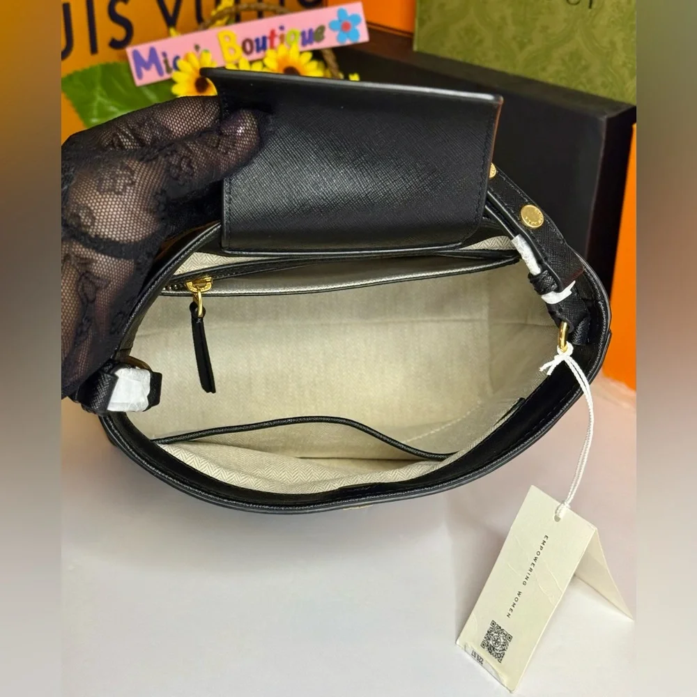 🆕TORY BURCH Emerson Saffiano Leather MD Convertible Bucket Bag ~Black~ 2inONE